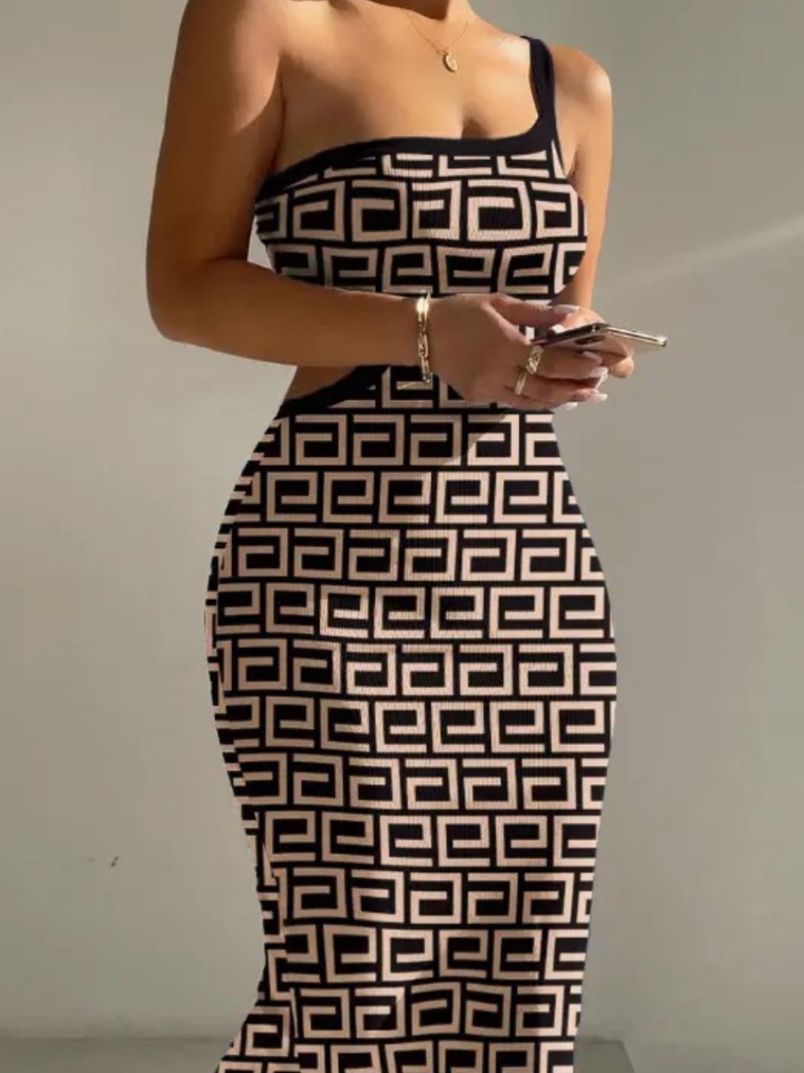 LW SXY One Shoulder Geometric Print Cut Out Bodycon Dress