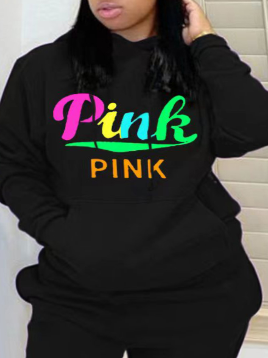 LW Plus Size Pink Letter Print Kangaroo Pocket Hoodie