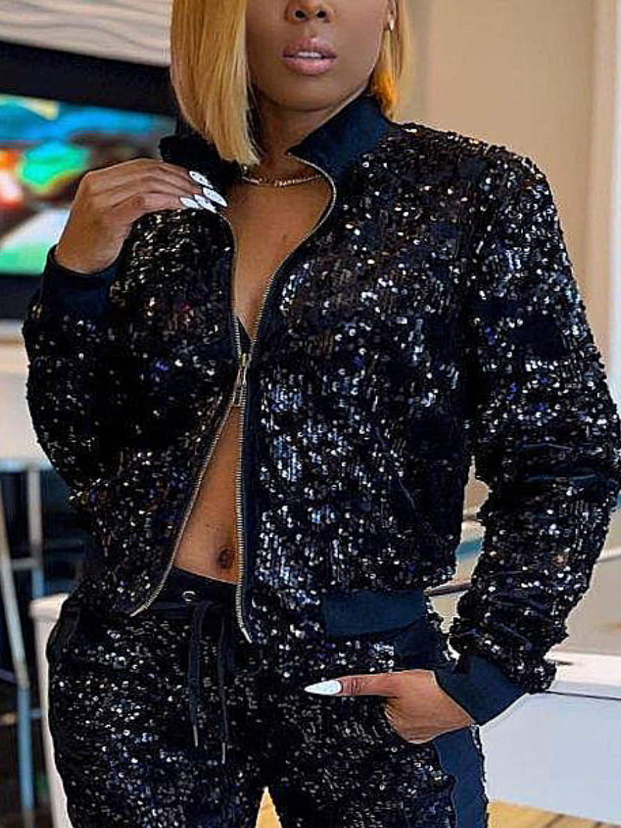 LW Plus Size Sequined Zipper Design Jacket