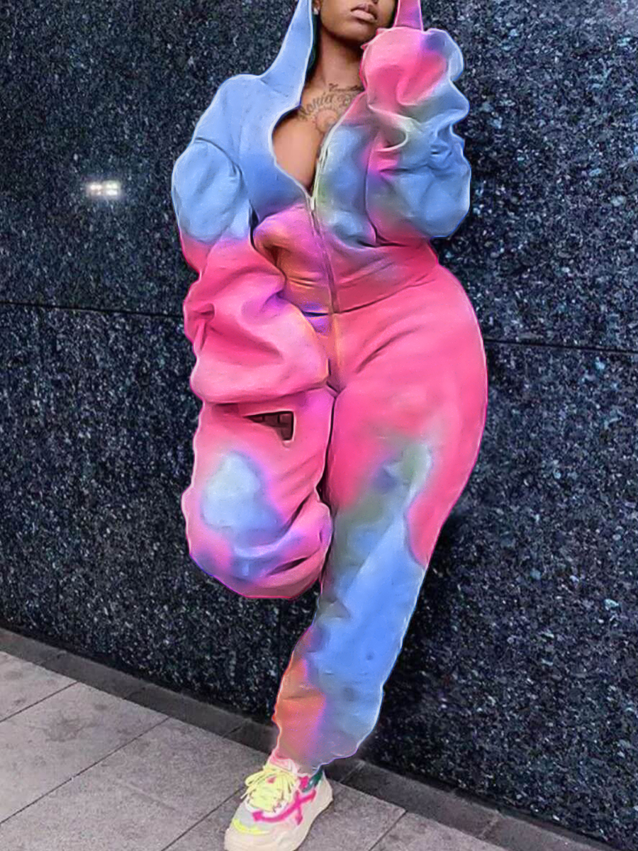 LW Plus Size Hooded Collar Tie Dye Oversized Tracksuit Set