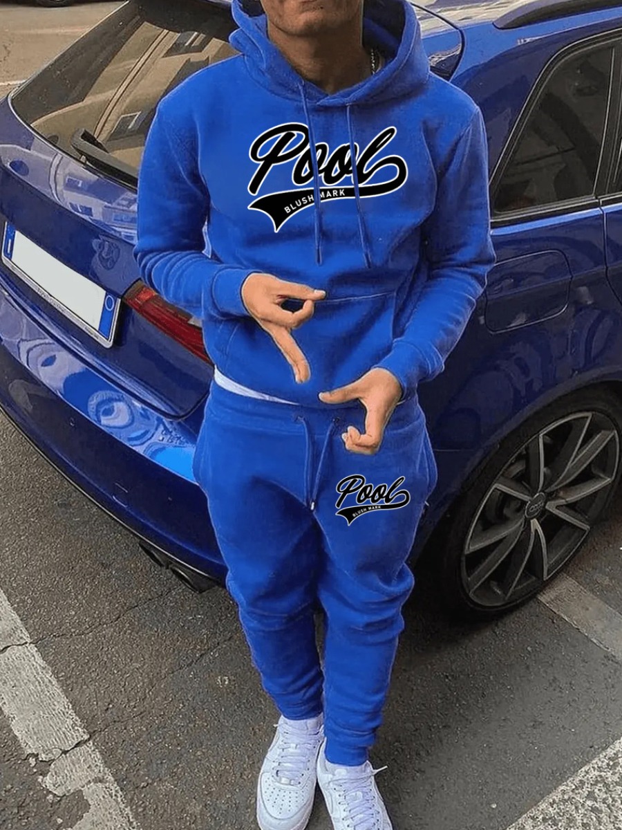 LW Men Letter Print Kangaroo Pocket Tracksuit Set