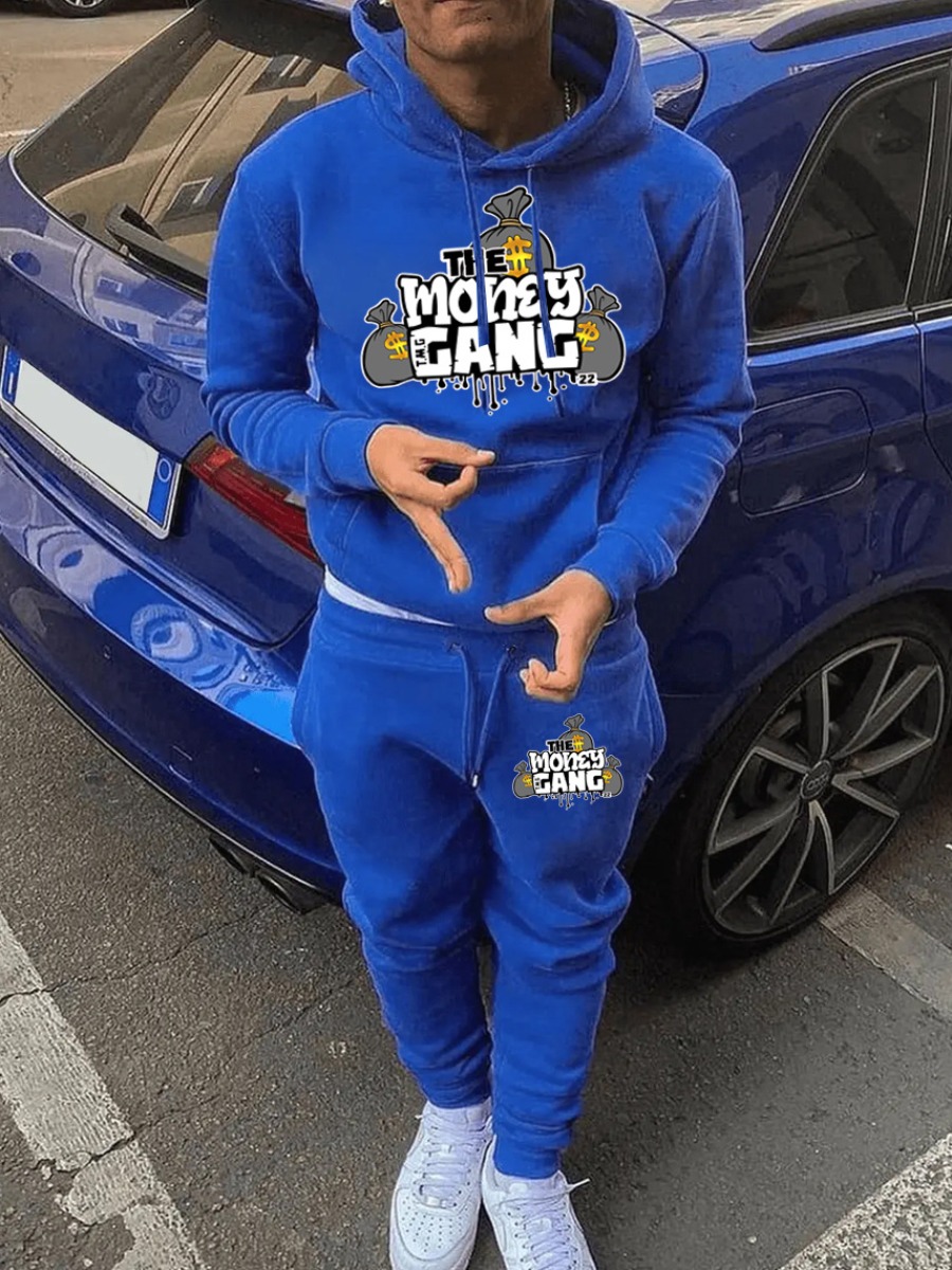 LW Men Letter Print Kangaroo Pocket Tracksuit Set