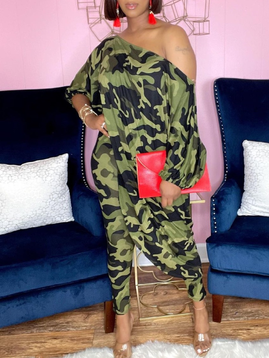 LW One Shoulder Camo Print Asymmetrical Pants Set