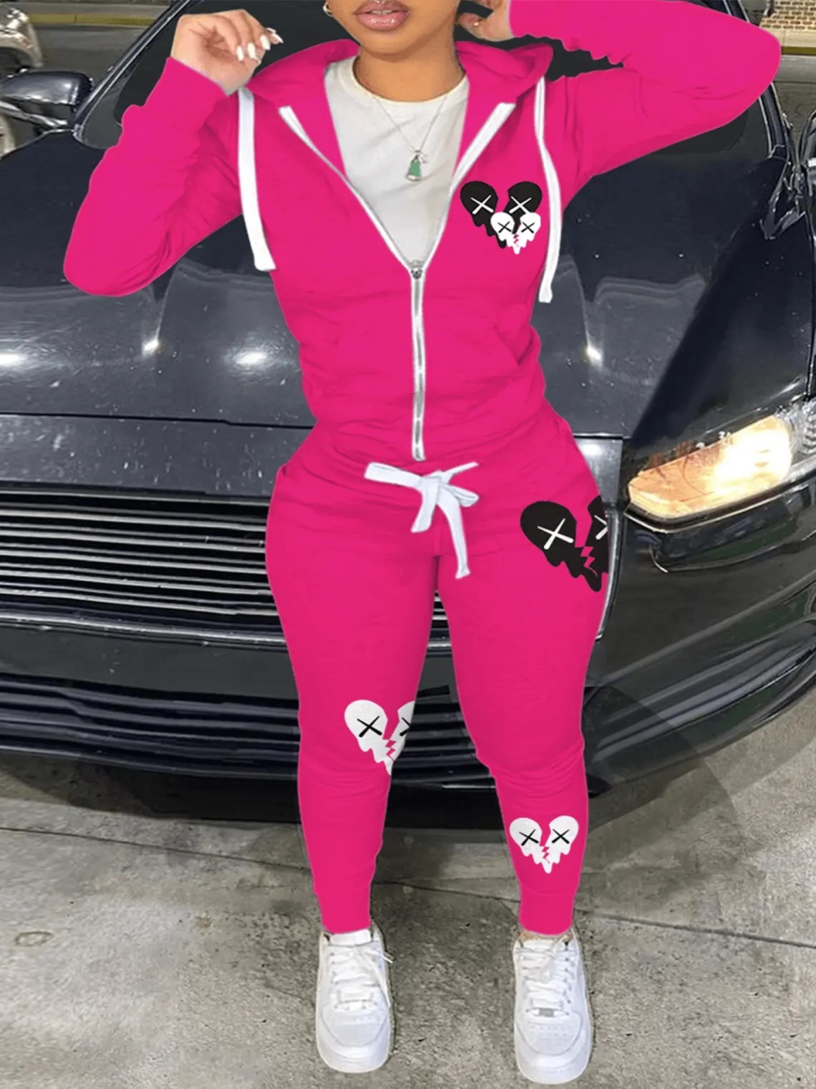 LW Hooded Collar Broken Heart Print Tracksuit Set