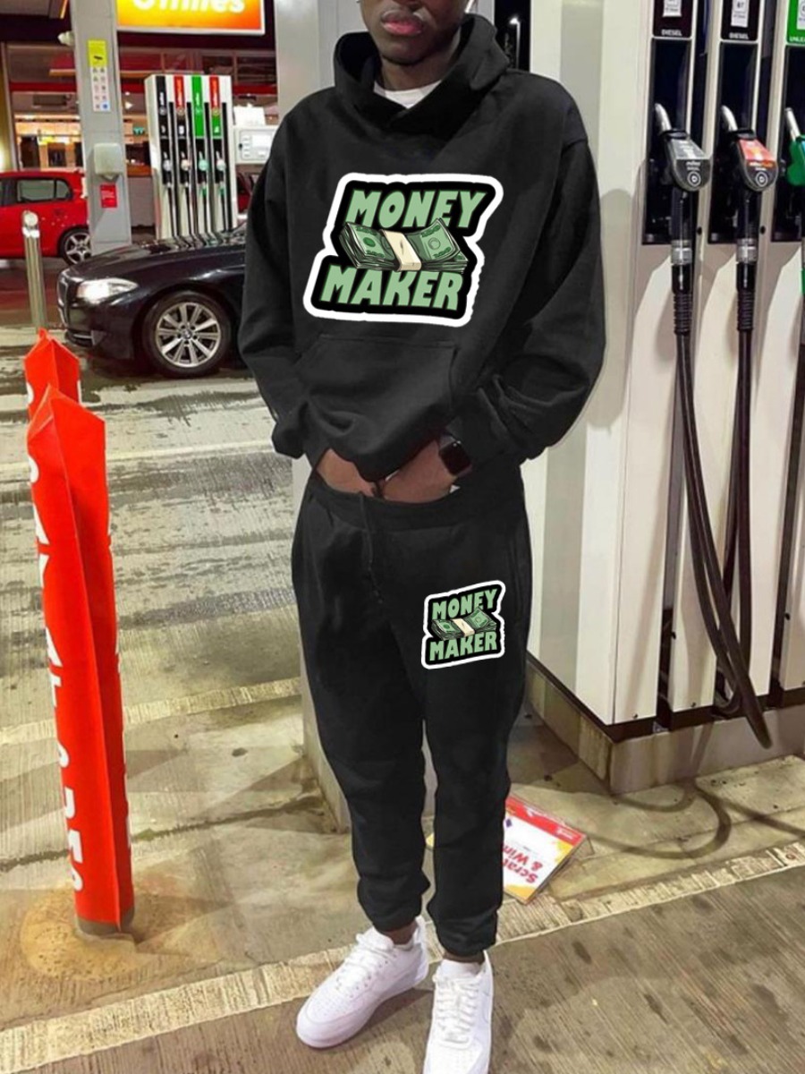 LW Men Letter Print Kangaroo Pocket Tracksuit Set