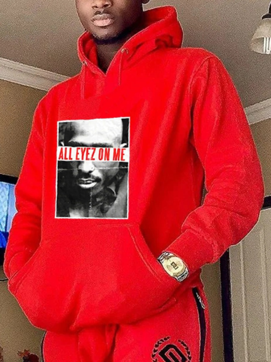 LW Men Figure Letter Print Kangaroo Pocket Hoodie