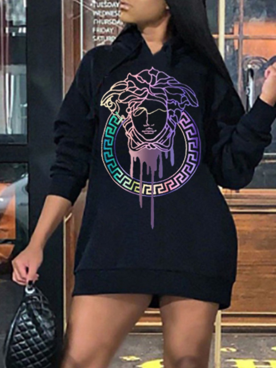 LW Hooded Collar Figure Print Sweat Dress
