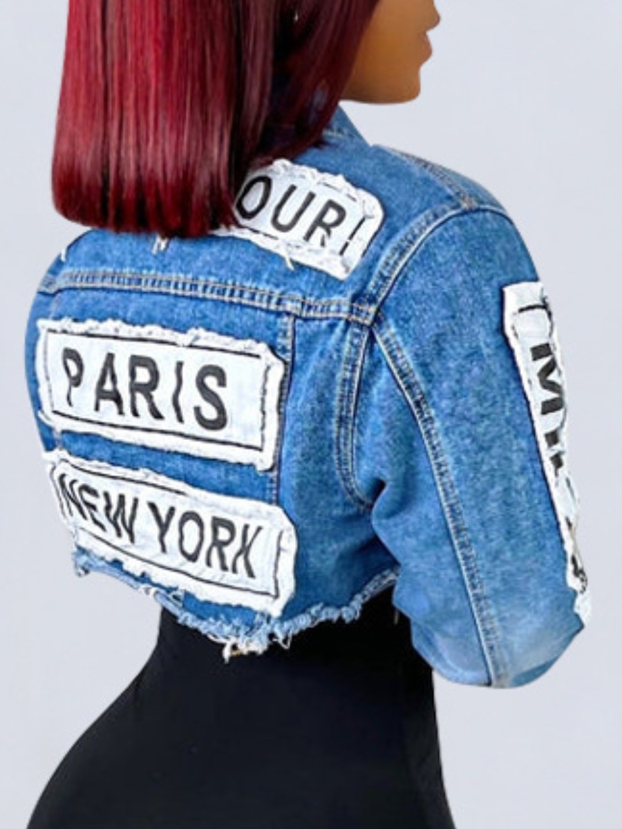 LW Letter Print Raw Edge Denim Jacket