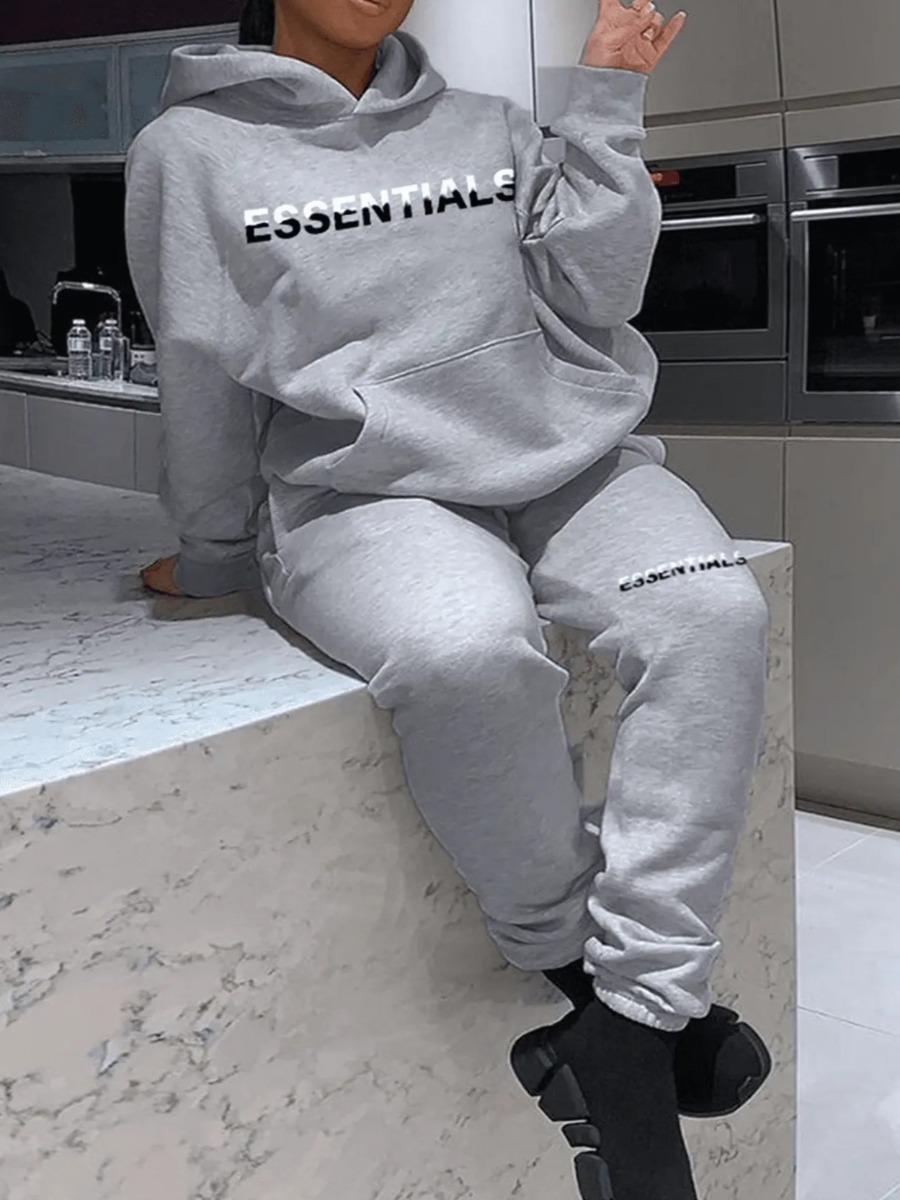 LW Plus Size Essentials Letter Print Kangaroo Pocket Tracksuit Set