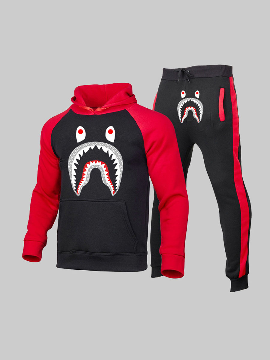 LW Men Cartoon Print Kangaroo Pocket Tracksuit Set
