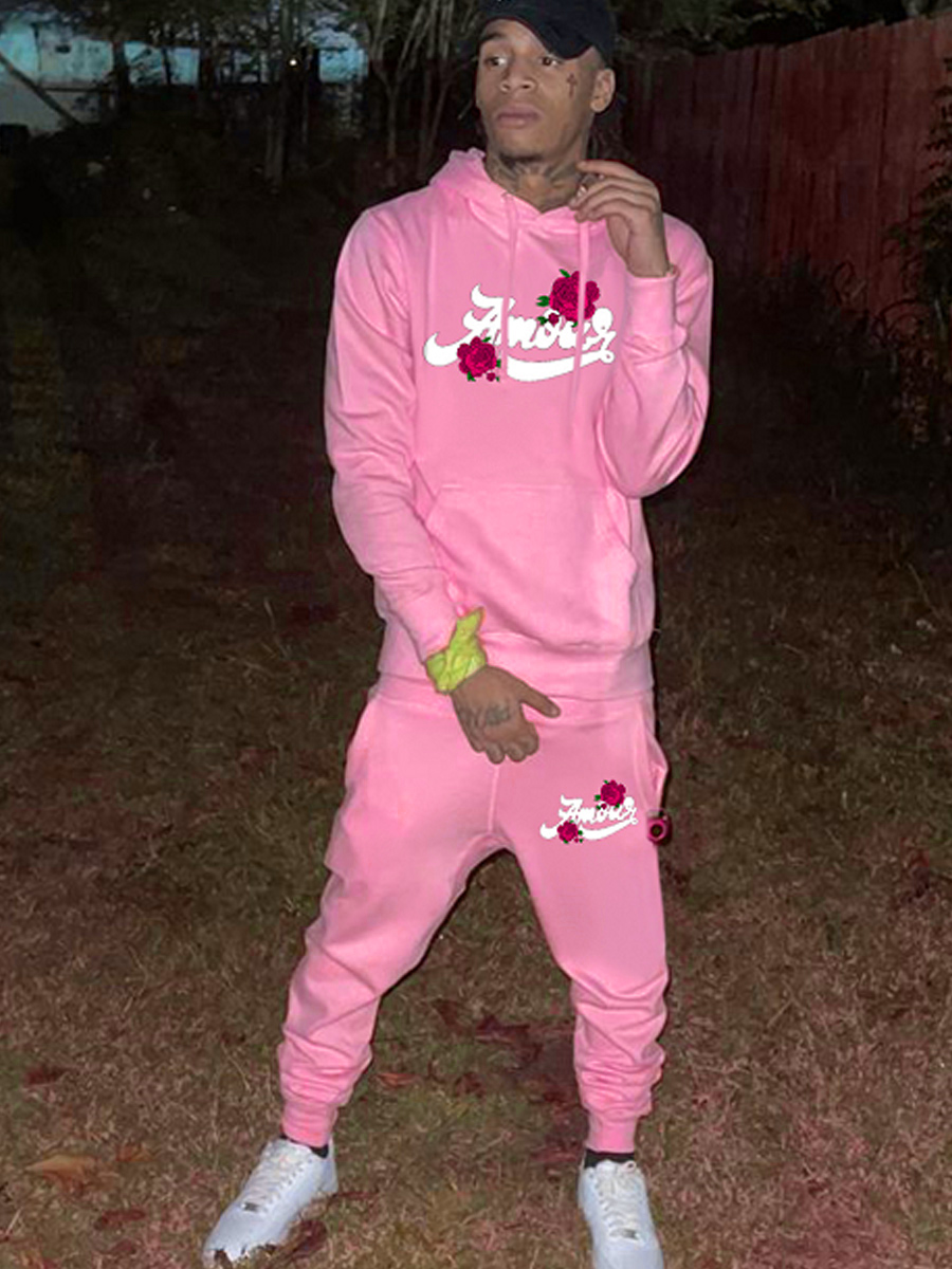 LW Men Rose Flower Letter Print Kangaroo Pocket Tracksuit Set