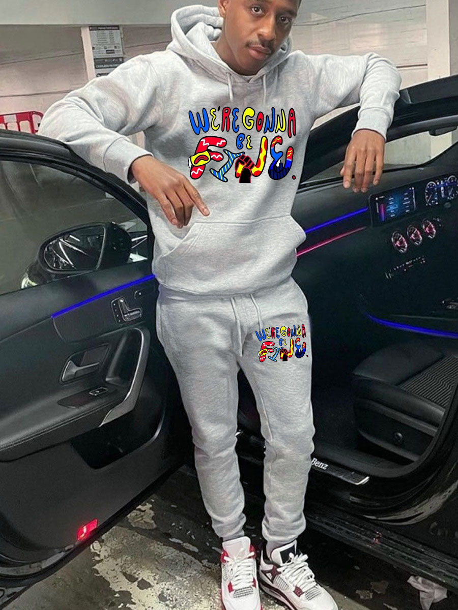 LW Men Letter Print Kangaroo Pocket Tracksuit Set