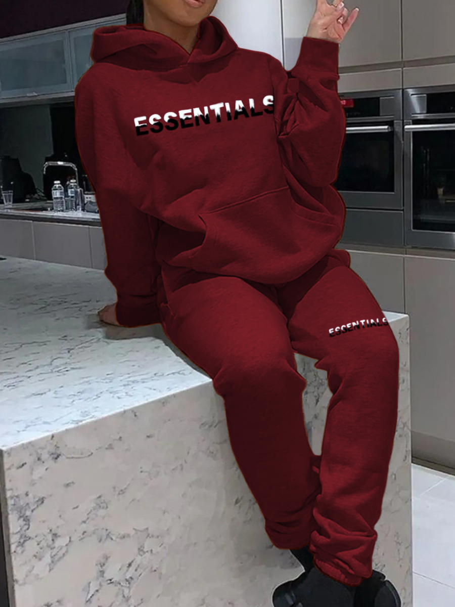 LW Essentials Letter Print Kangaroo Pocket Tracksuit Set