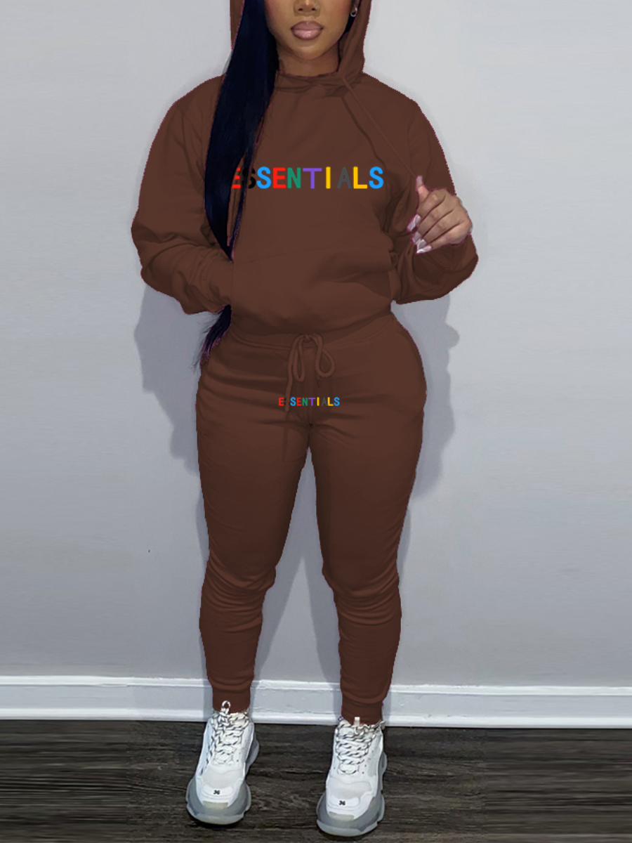 LW Essentials Letter Print Kangaroo Pocket Tracksuit Set