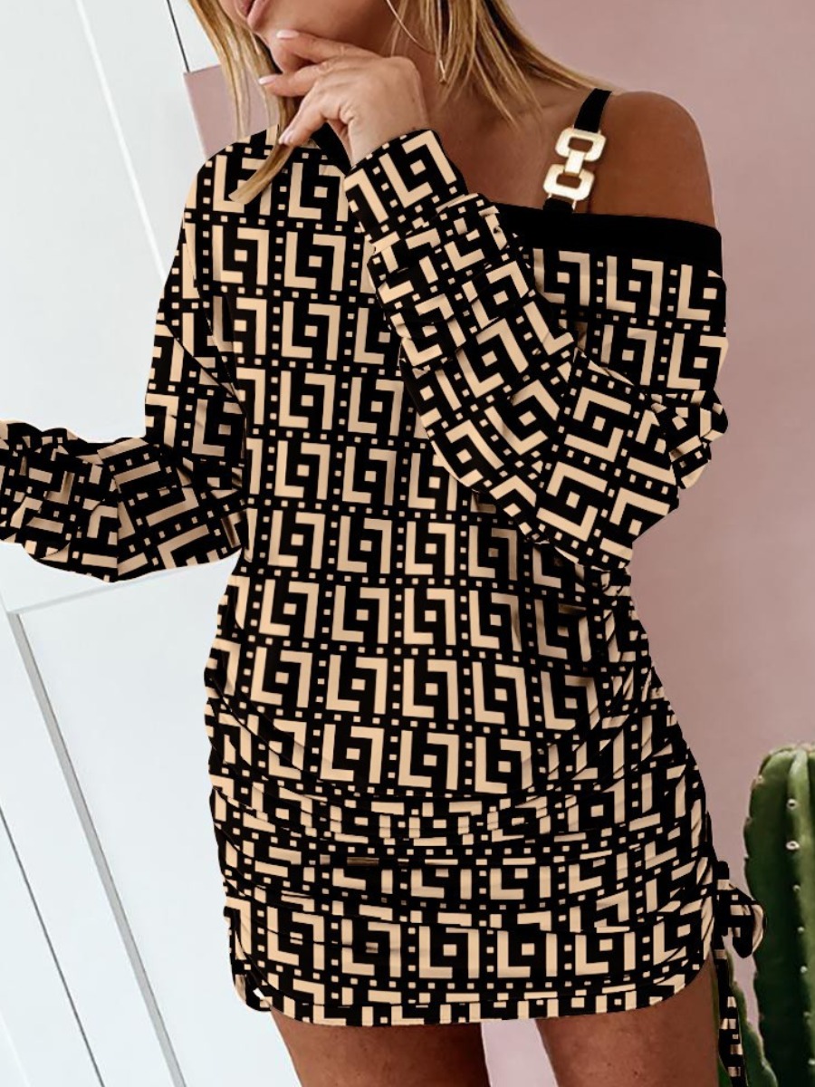 LW Chain Decor Geometric Print Drawstring Dress