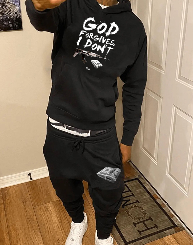 LW Men Letter Print Kangaroo Pocket Tracksuit Set