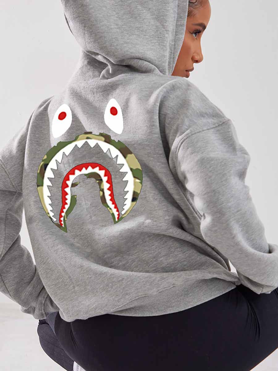 LW Fish Mouth Print Kangaroo Pocket Hoodie