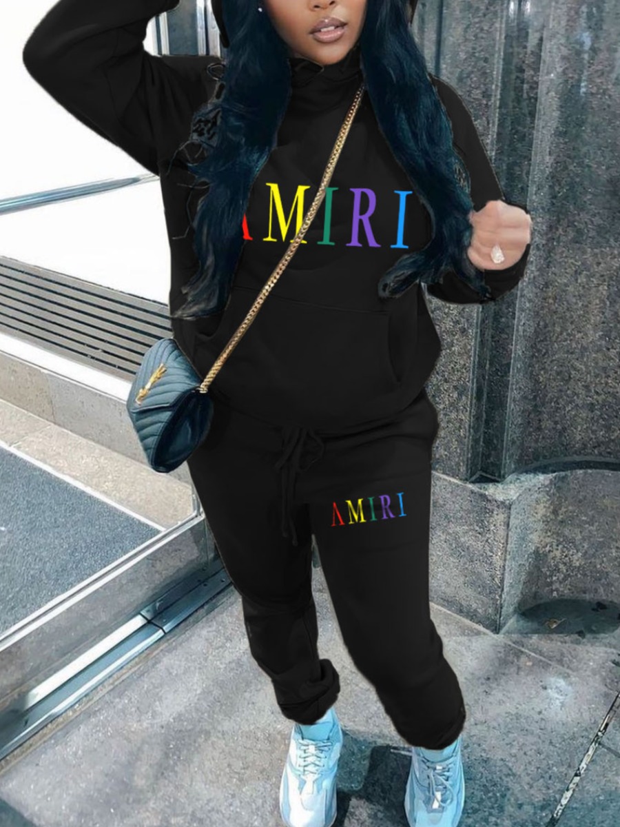 LW Letter Print Kangaroo Pocket Tracksuit Set