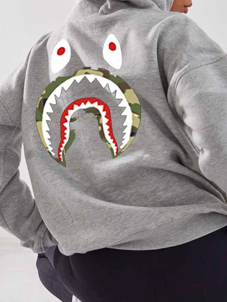 LW Plus Size Fish Mouth Print Kangaroo Pocket Hood
