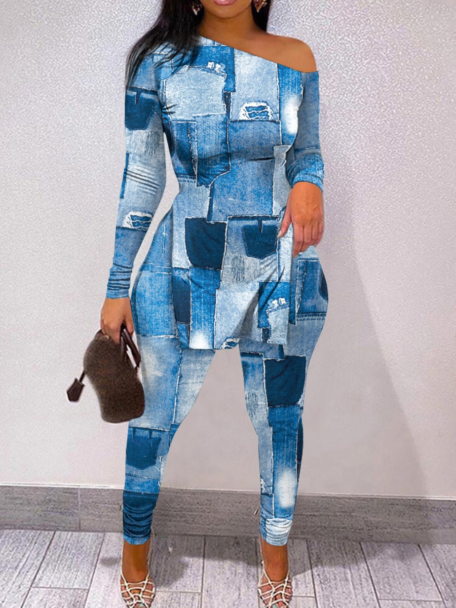 LW Imitation Denim Inclined Neck Split Pants Set