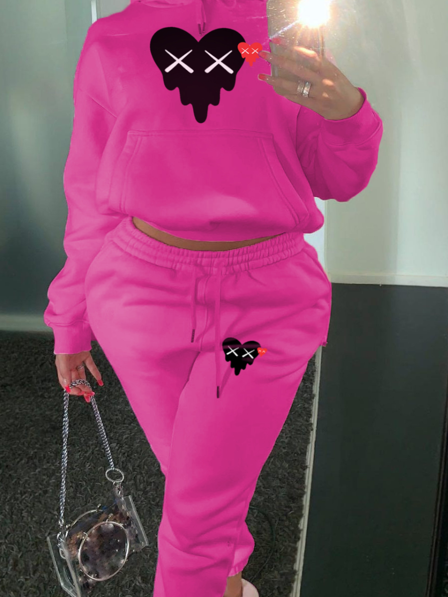 LW Plus Size Heart Print Kangaroo Pocket Tracksuit Set