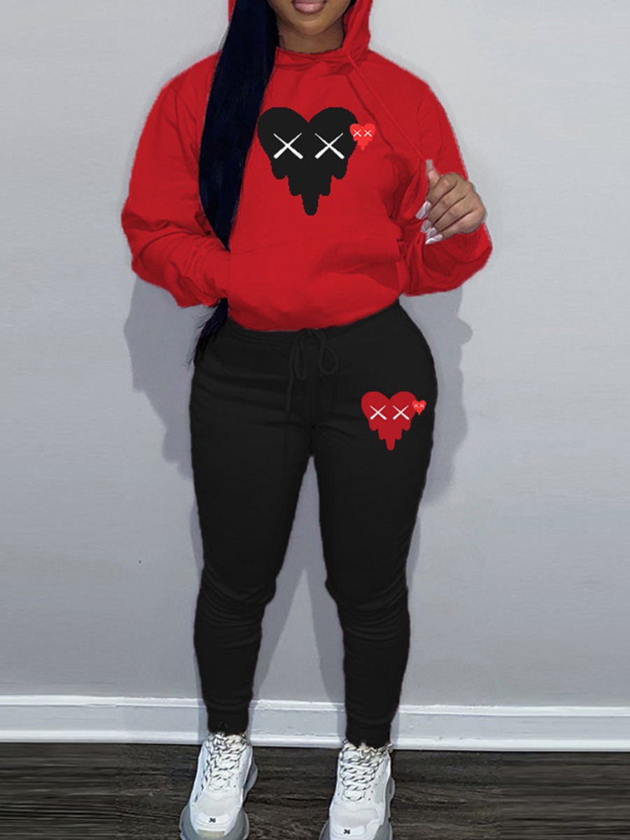 LW Plus Size Heart Print Kangaroo Pocket Tracksuit Set