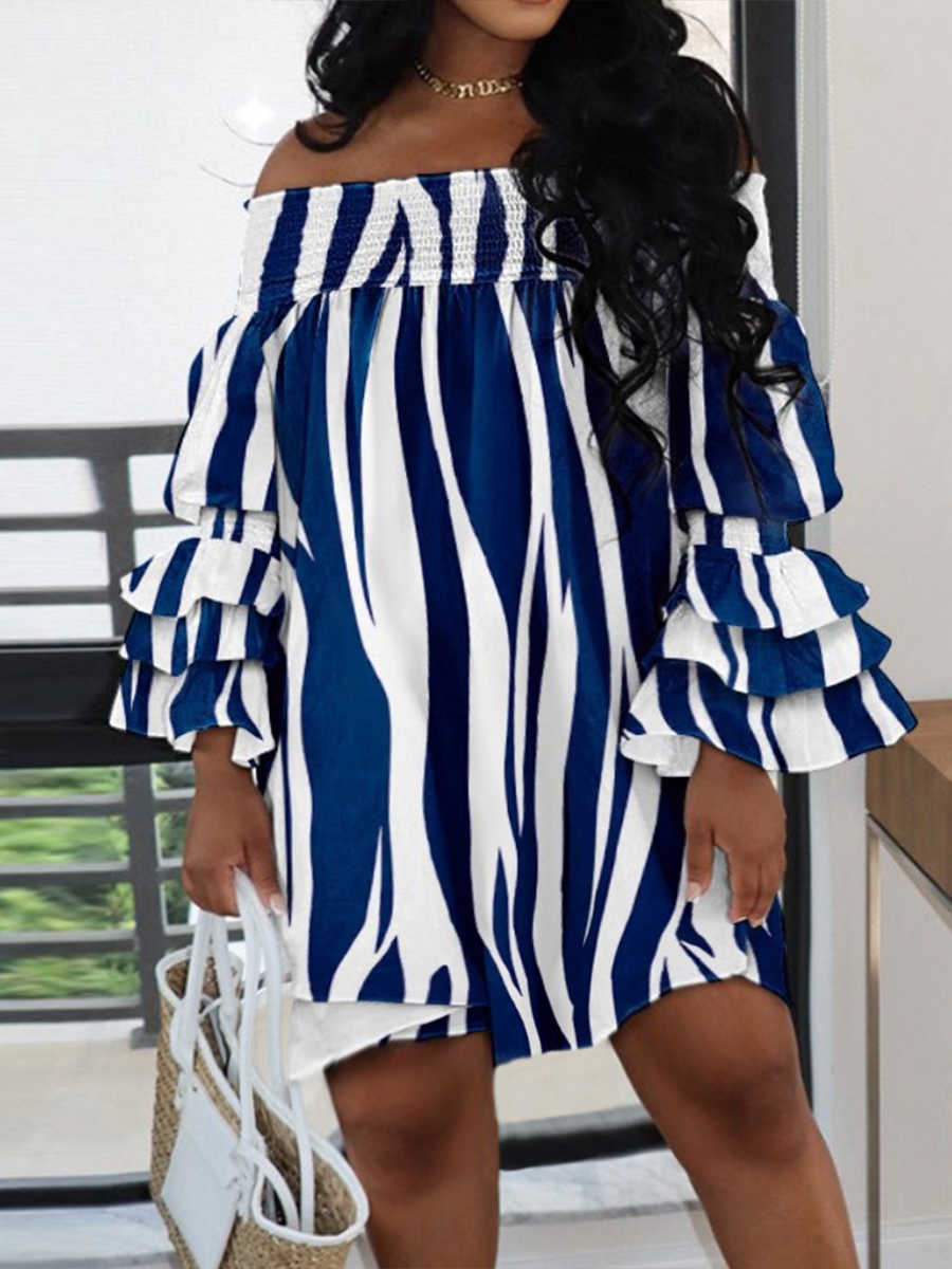 LW Off The Shoulder Striped Layered Cascading Dress