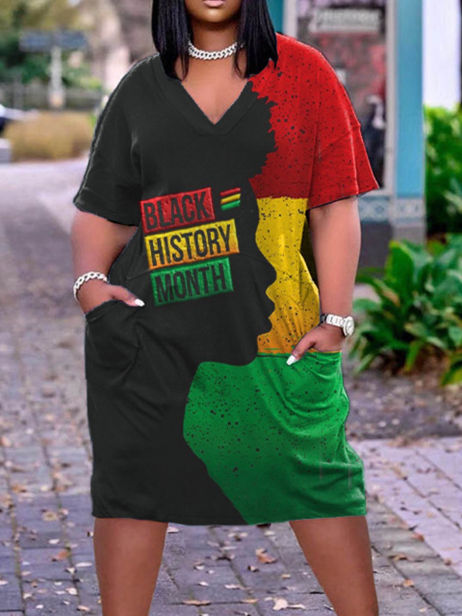LW Plus Size Figure Letter Print Pocket Design Dress