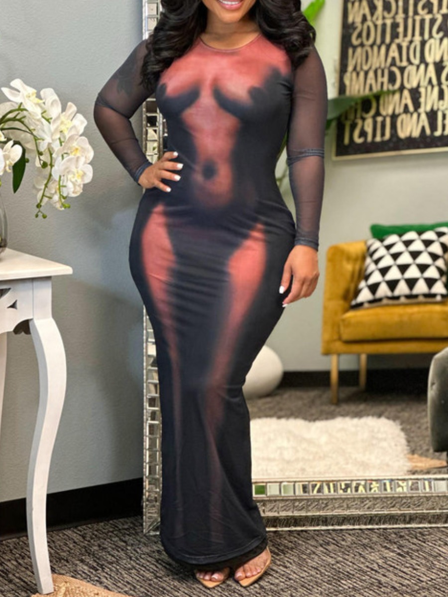 LW Round Neck Body Print Bodycon Dress