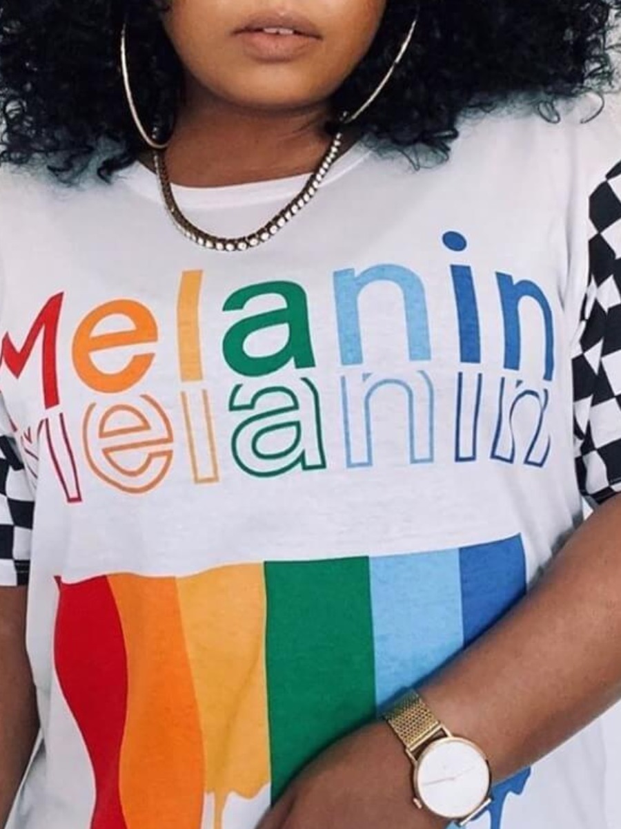 LW Plaid Letter Print Rainbow Striped T-shirt