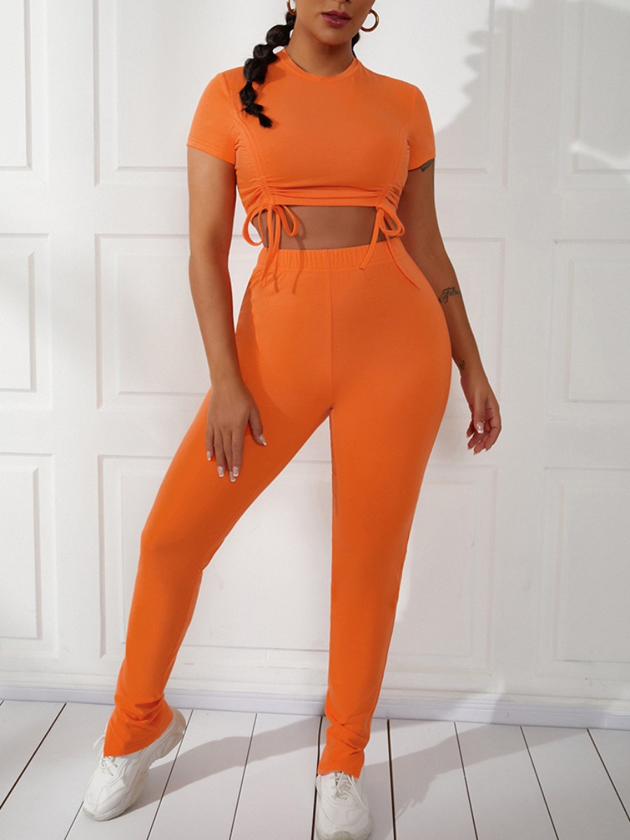 LW COTTON Casual Round Neck Drawstring Croci Two Piece Pants Set