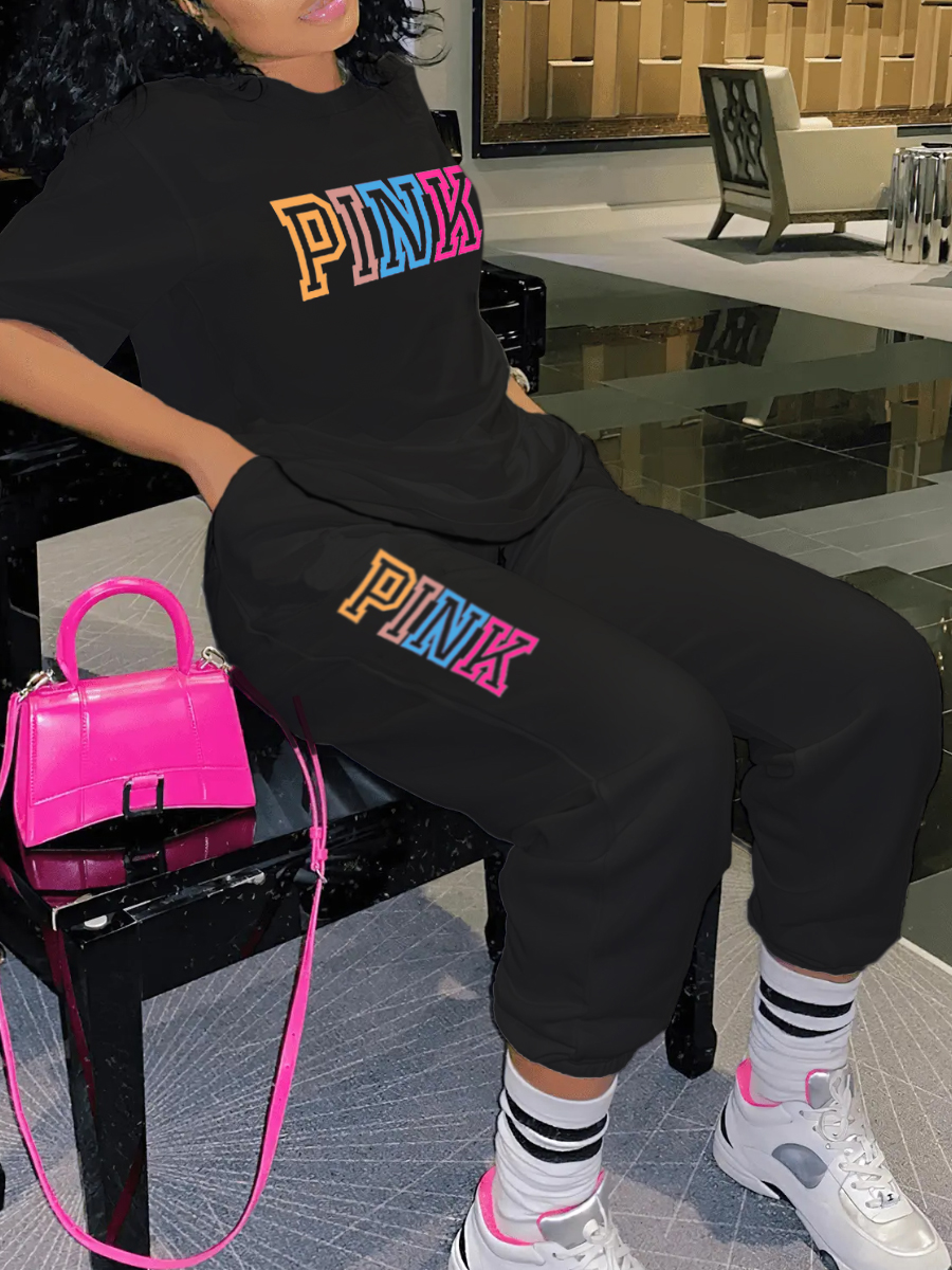 LW Plus Size Pink Letter Print Pants Set