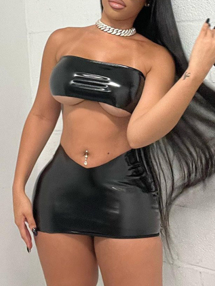 LW SXY Faux Leather Shiny Stretchy Skirt Set