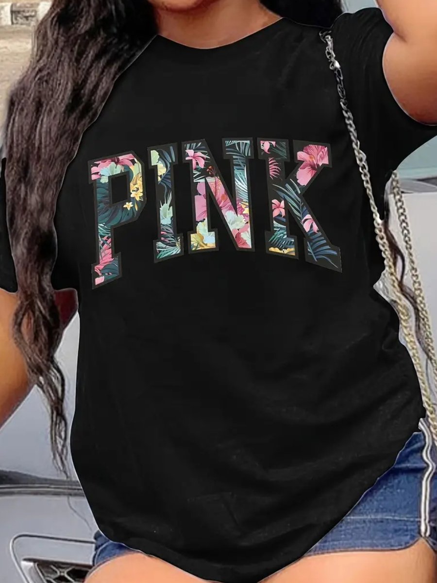 LW Plus Size Floral Pink Letter Print T-shirt