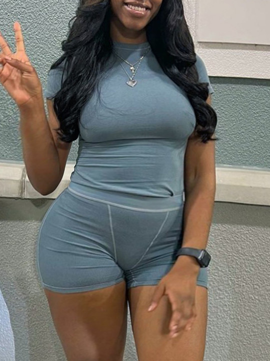 LW BASICS Plus Size Round Neck Skinny Stretchy Shorts Set