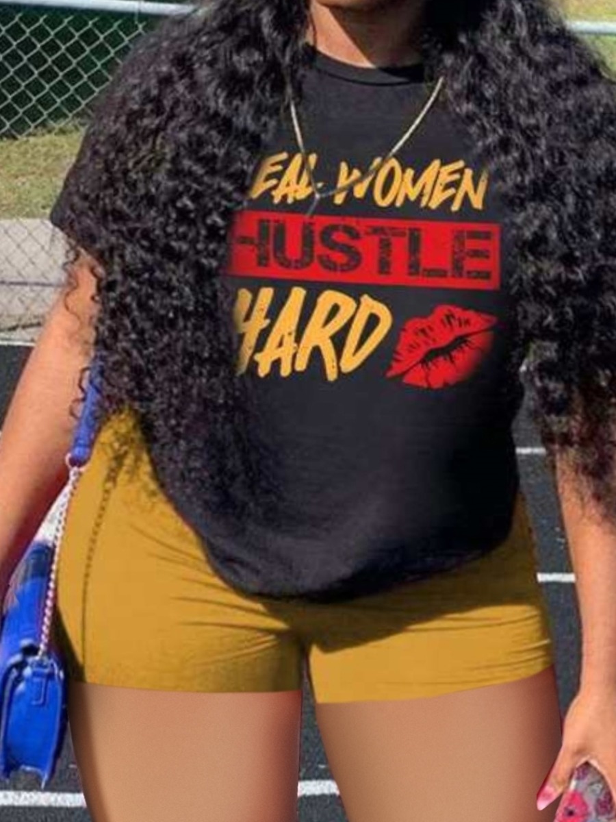 LW Plus Size Hustle Hard Lip Letter Print Shorts S