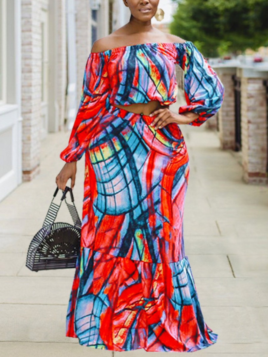 LW Plus Size Off The Shoulder Mixed Print Flared Skirt Set