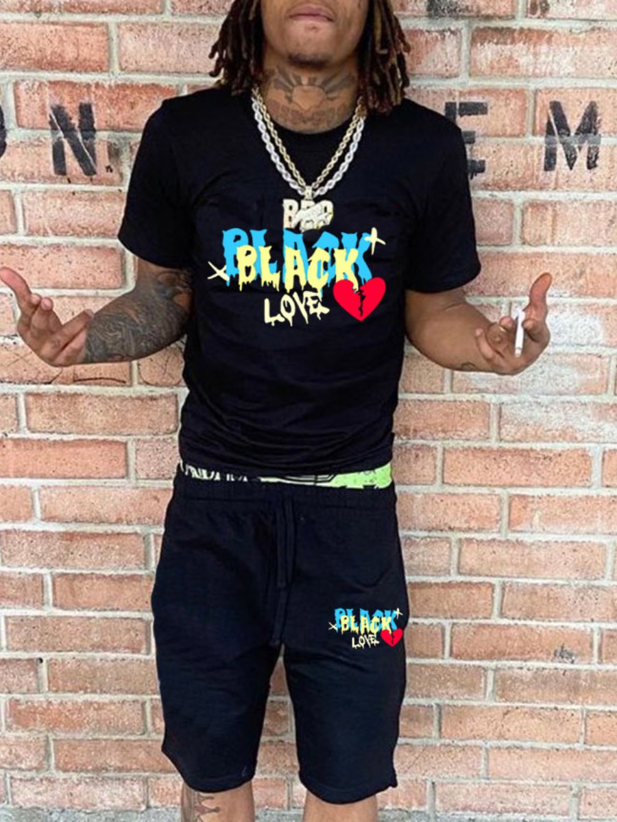 LW Men Broken Heart Black Love Letter Print Shorts
