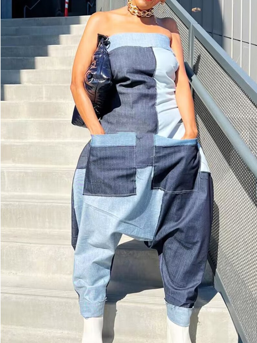 LW Off The Shoulder Patchwork Harlan Denim Jumpsuit