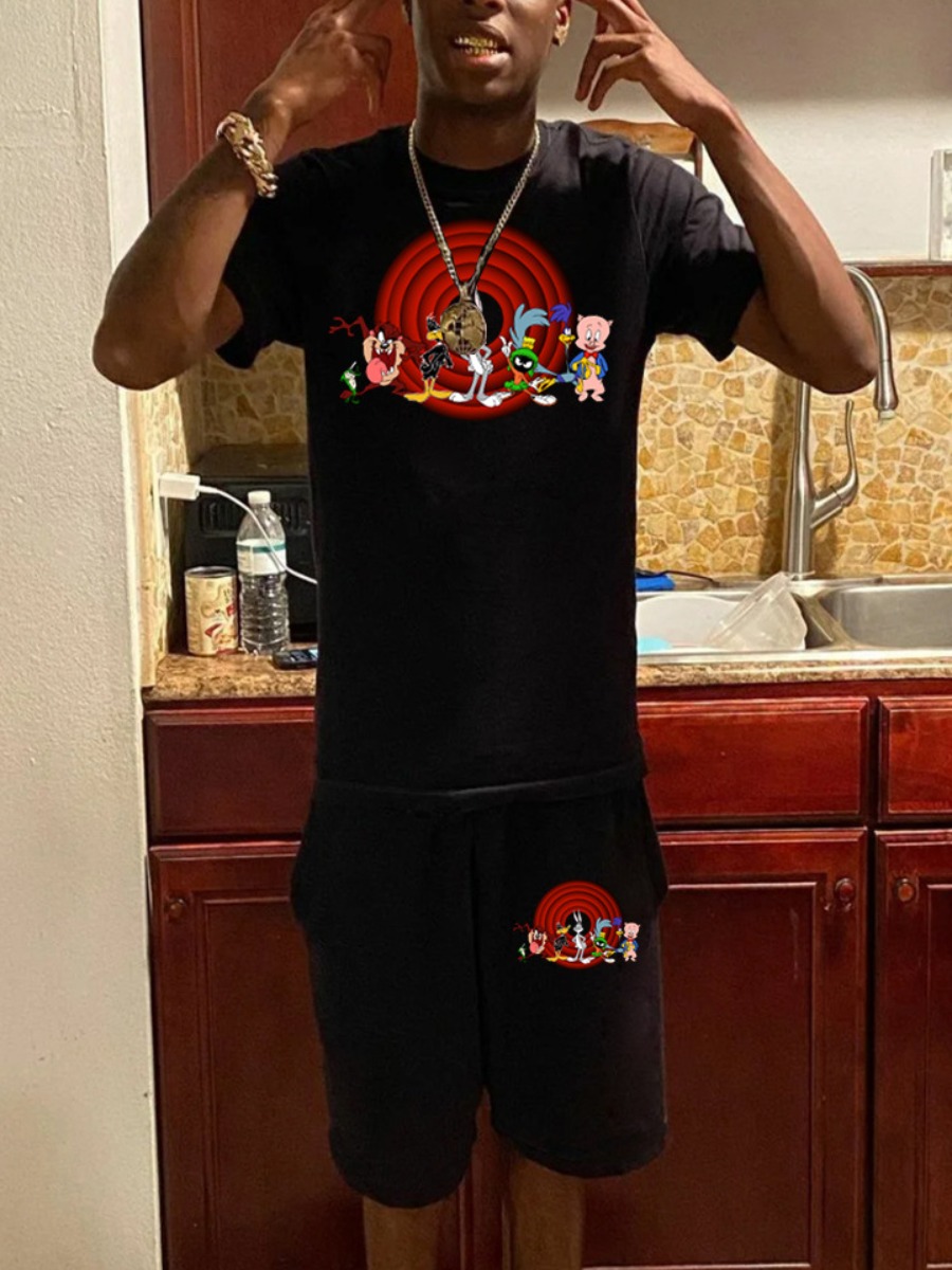 LW Men Cartoon Print Drawstring Shorts Set