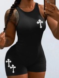 LW Cross Decor Rib Knit Cami Romper
