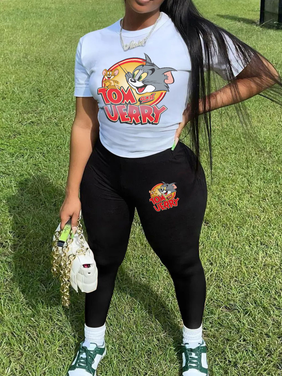 LW Plus Size Cartoon Tom And Jerry Letter Print Pants Set