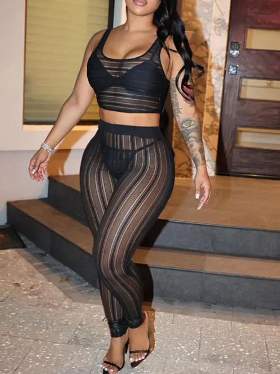 LW SXY Crop Top See Through High Stretchy Pants Set