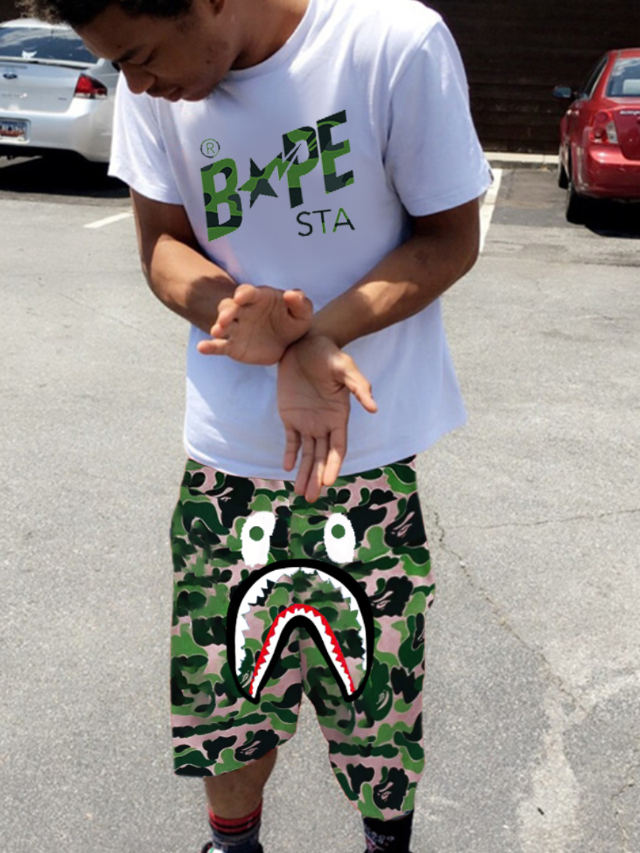 LW Men Fish Mouth Camo Letter Print Shorts Set
