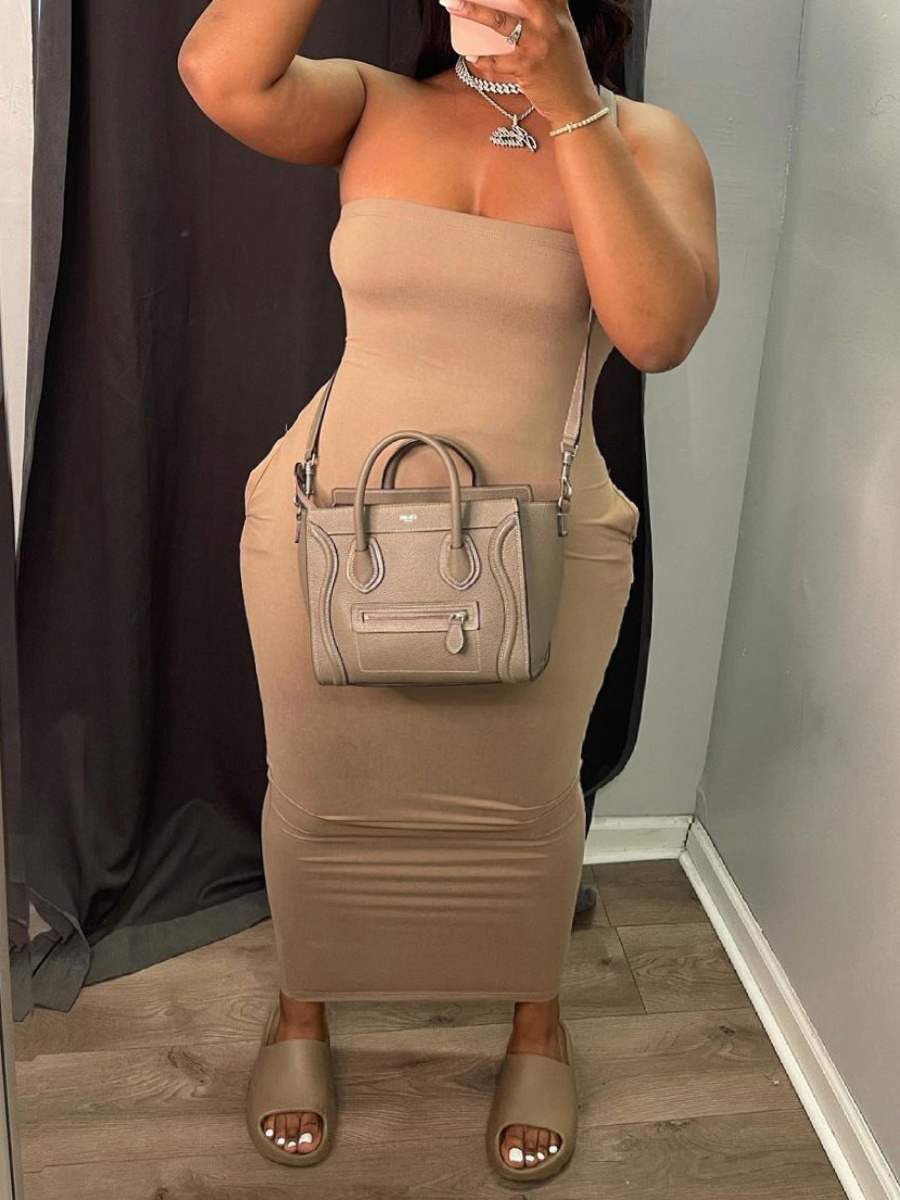 LW BASICS Plus Size Off The Shoulder Pocket Design Dress (Without Bag)