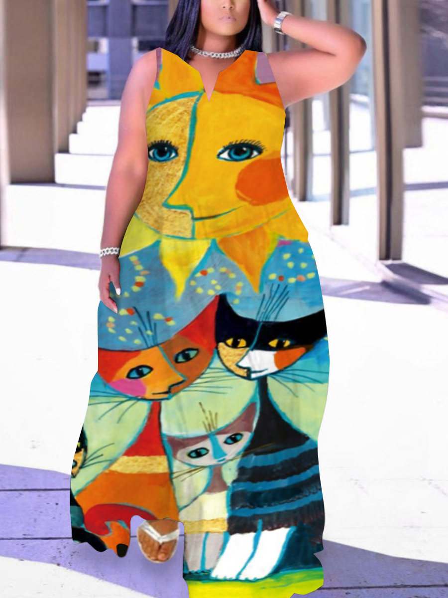 LW Plus Size Figure Print Patchwork Pocket Design Dress