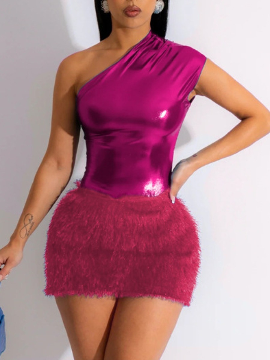 LW SXY Plus Size One Shoulder Plush Bodycon Dress