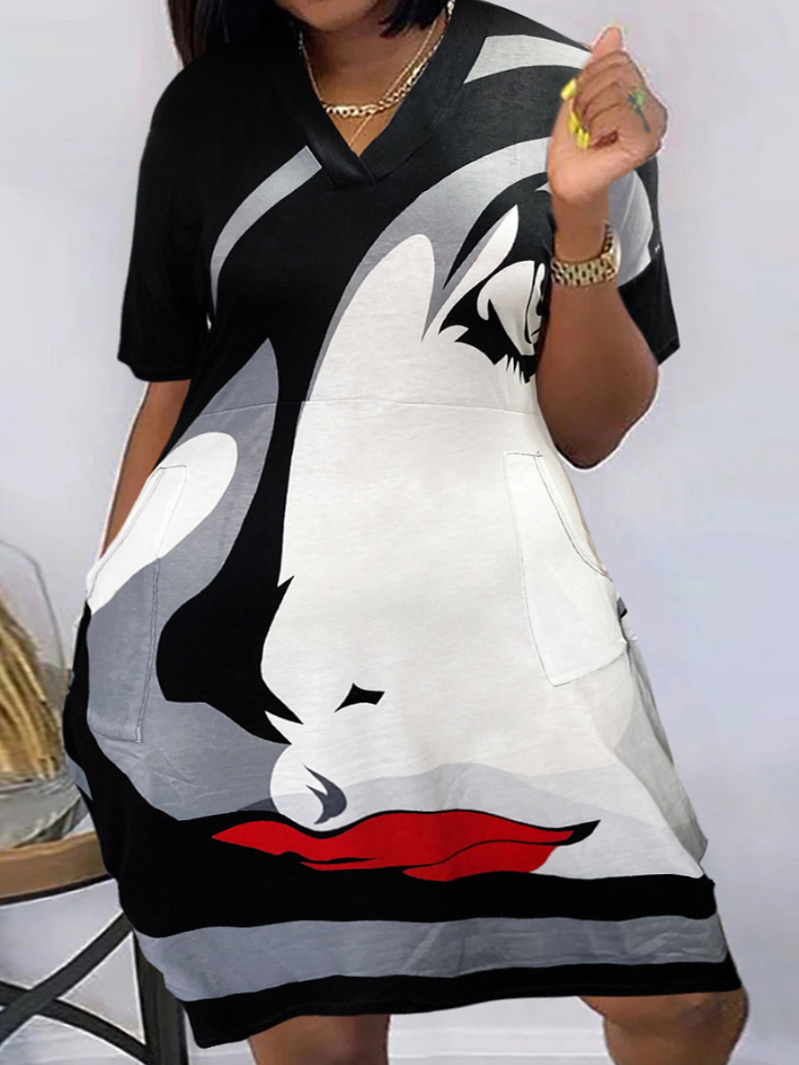 LW Plus Size V Neck Figure Print Pocket Design Dress