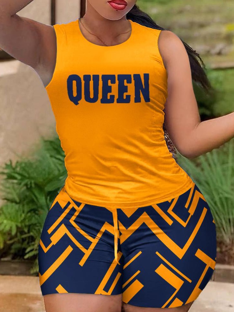 LW Plus Size Cami Queen Letter Print Shorts Set