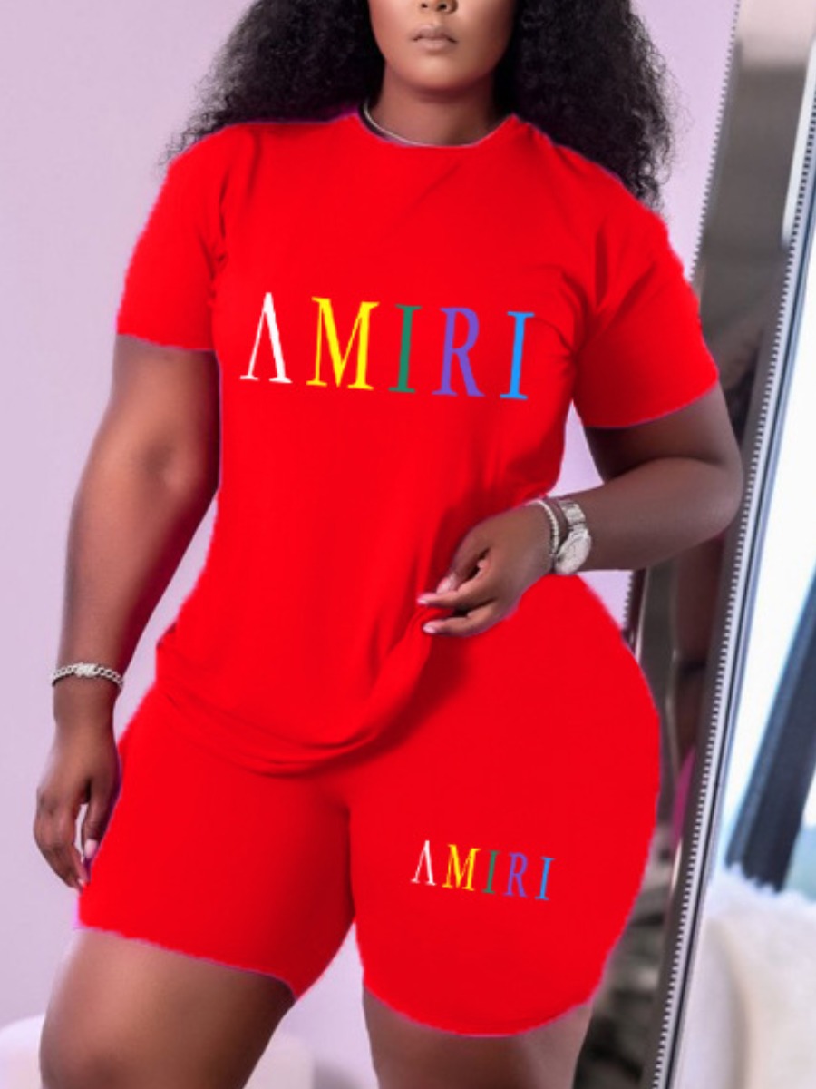 LW Plus Size Round Neck Letter Print Shorts Set